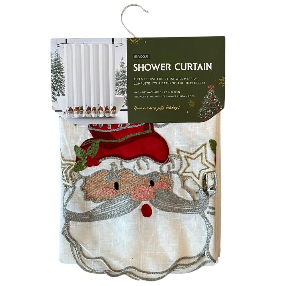 Envogue Embroidered SANTA Christmas Shower Curtain 72x72 Holiday NEW